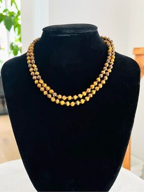Natural Tiger's Eye Hand-Knotted Long Bead Necklace - 32"